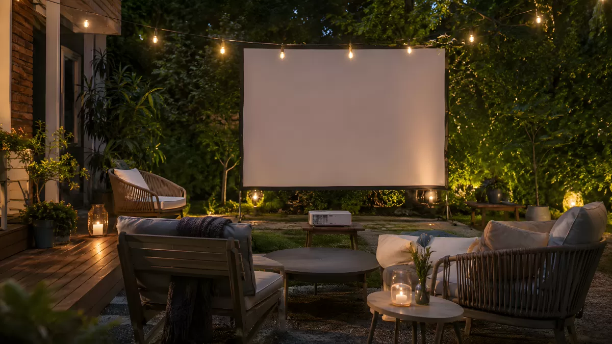 Gemütliches Outdoor-Kino im Garten bei Nacht