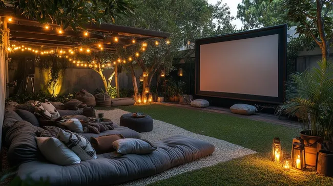 Gemütliches Outdoor-Kino in exotischer Gartenumgebung