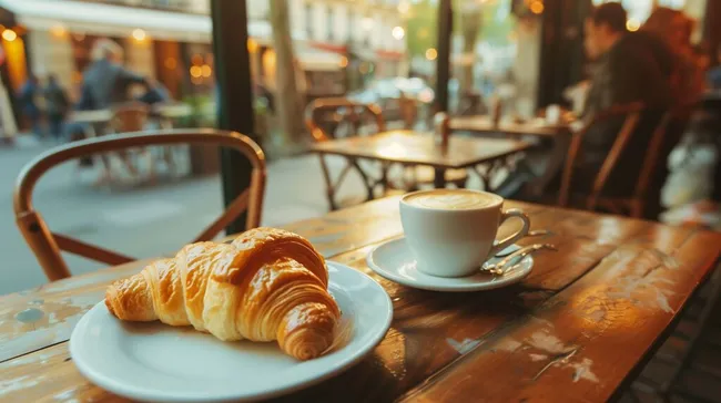 Gemütliches Pariser Café-Ambiente mit Croissant und Kaffee