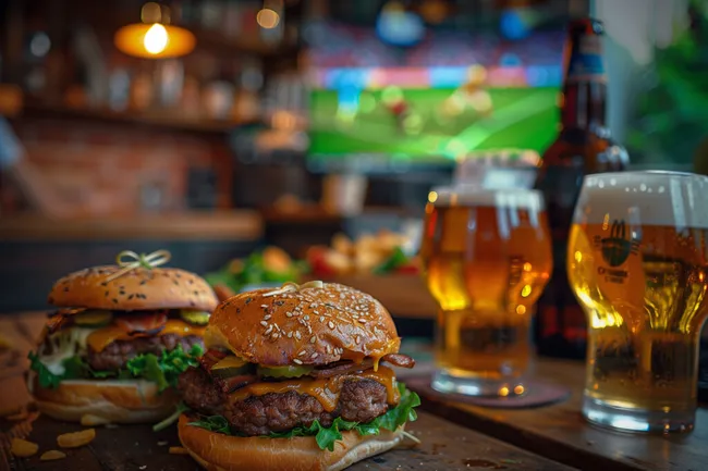 Gemütliches Pub-Ambiente mit Bier und Burgern