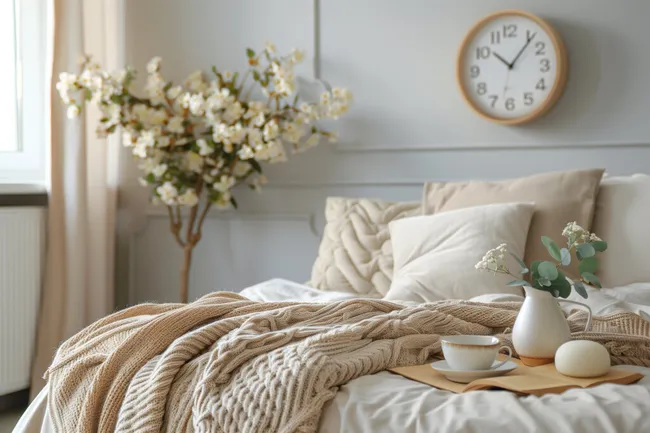 Gemütliches Schlafzimmer mit Blumenstrauß