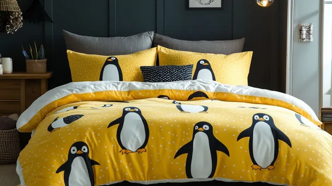 Gemütliches Schlafzimmer mit Pinguindekoration