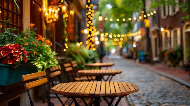 Gemütliches Straßencafé in der Altstadt bei Abenddämmerung