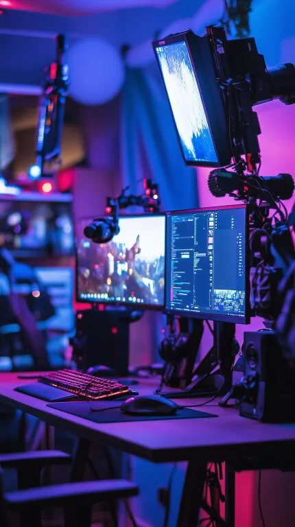 Gemütliches Streamersetup mit Dual-Monitor und Mikrofon