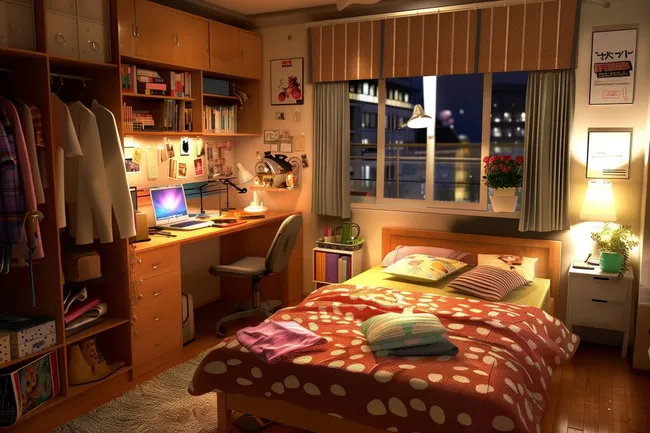 Gemütliches Studentenzimmer mit Schreibtisch und Blick auf nächtliche Stadt