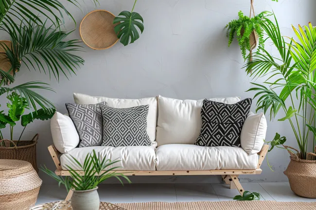 Gemütliches tropisches Wohnzimmer mit Sofa und Grünpflanzen