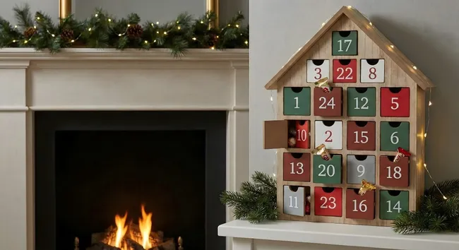 Gemütliches Weihnachtsbild mit Kamin und Adventskalender