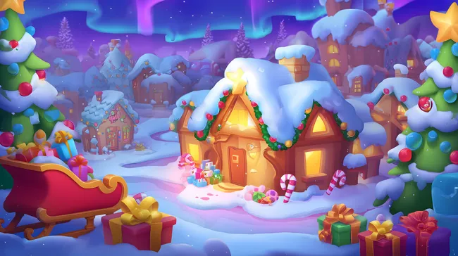 Gemütliches Weihnachtsdorf mit Schnee und Geschenken