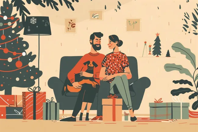 Gemütliches Weihnachtsheim mit Paaren und Hund