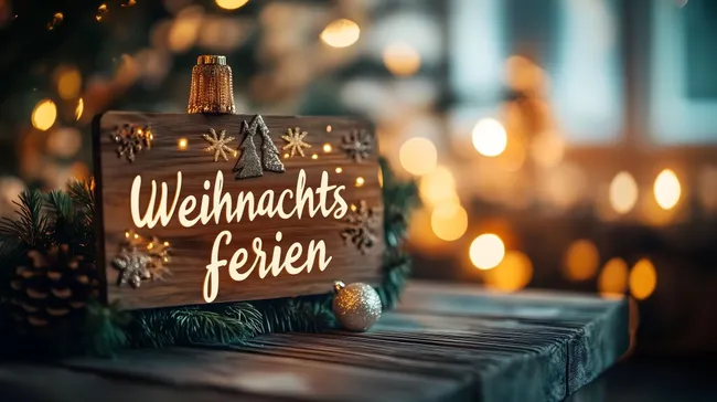 Gemütliches Weihnachtsschild mit Lichterkette auf rustikalem Holztisch