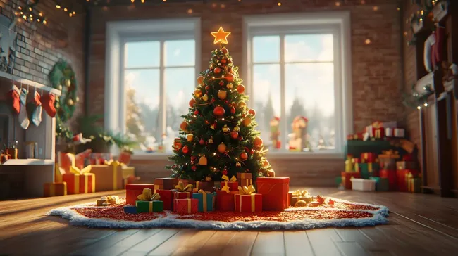 Gemütliches Weihnachtszimmer mit dekoriertem Baum und Geschenken