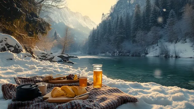 Gemütliches Winterpicknick am See mit Bergpanorama