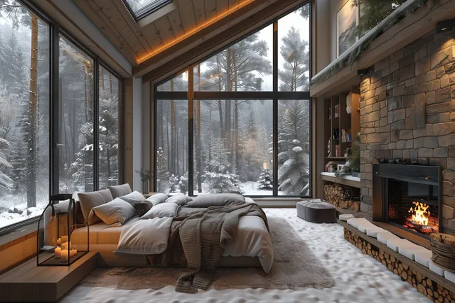 Gemütliches Winterschafzimmer mit Blick auf schneebedeckte Natur