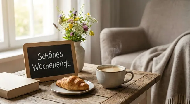 Gemütliches Wochenendfrühstück mit Kaffee und Croissant