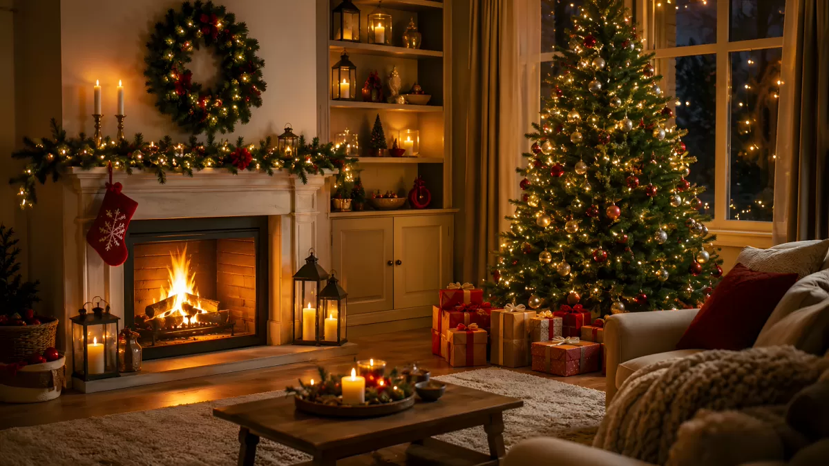 Gemütliches Wohnzimmer mit Kamin und Christbaum