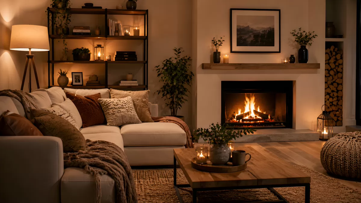Gemütliches Wohnzimmer mit Kamin und Kerzen