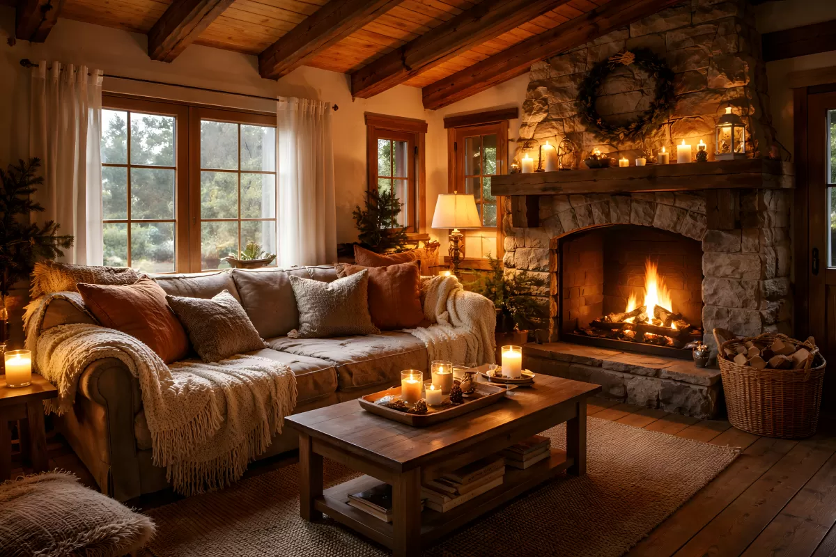 Gemütliches Wohnzimmer mit Kamin und Kerzenlicht