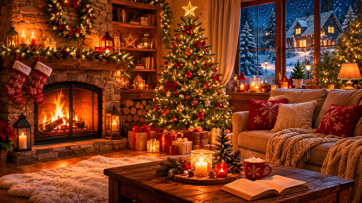 Gemütliches Wohnzimmer mit Kamin und Weihnachtsbaum