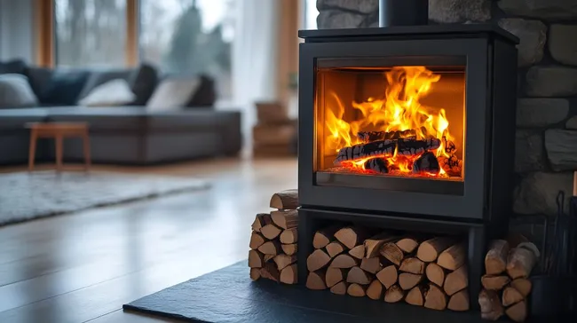 Gemütliches Wohnzimmer mit moderner Holzheizung