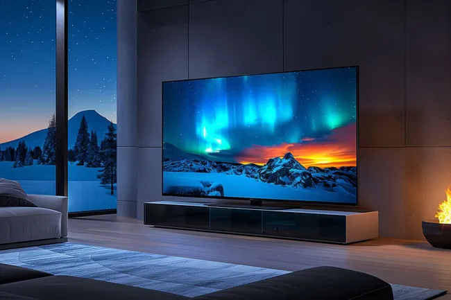 Gemütliches Wohnzimmer mit Panorama-TV und Berglandschaft