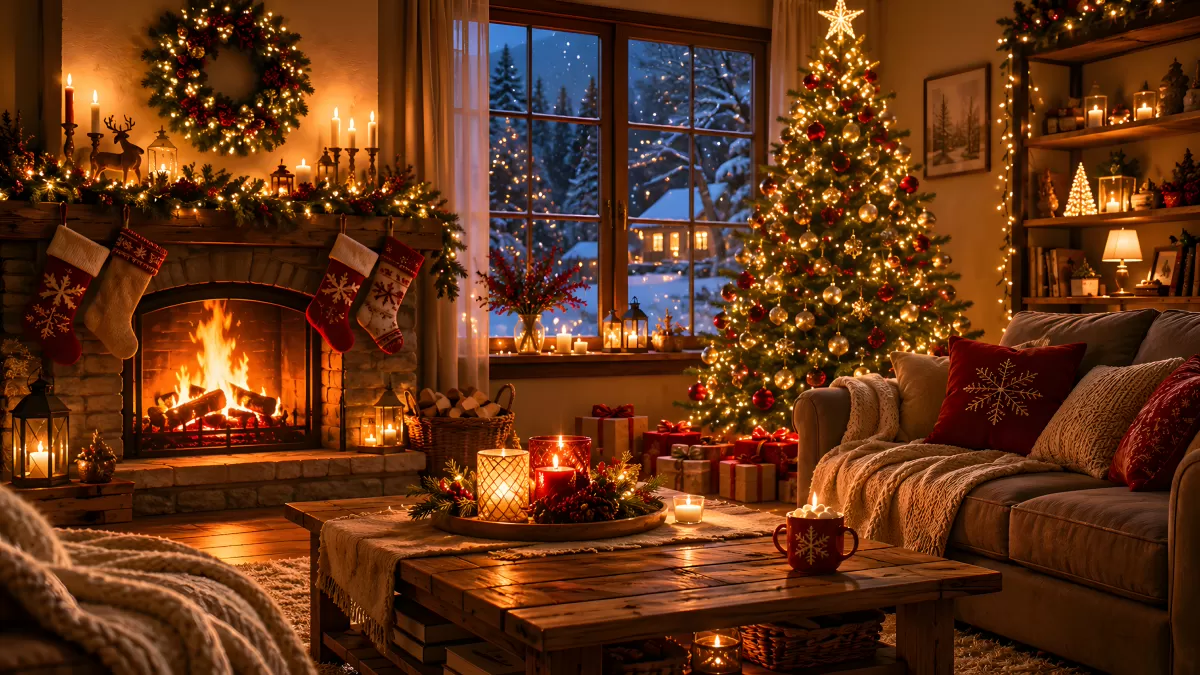 Gemütliches Wohnzimmer mit Weihnachtsbaum und Kamin