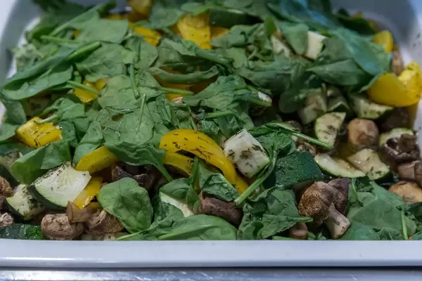 Gemüse-Feldsalat mit gelben Paprika, Zucchini und Pilzen, in einer großen Schüssel am Büfett