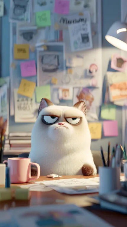 Genervte Katze an unordentlichem Arbeitsplatz mit Tasse