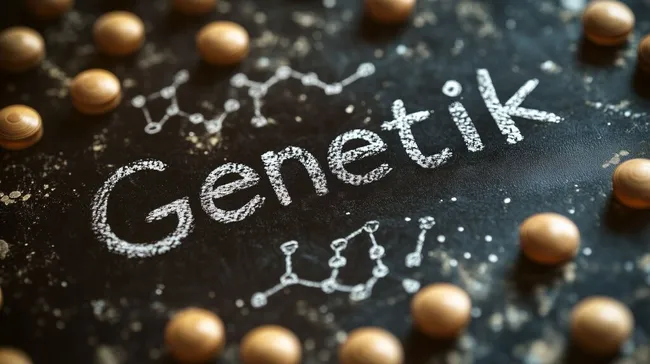 Genetik-Schriftzug auf Tafel mit Molekülstrukturen