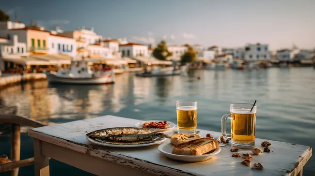Genießen Sie leckeren Fisch und frisches Bier am Mittelmeerhafen