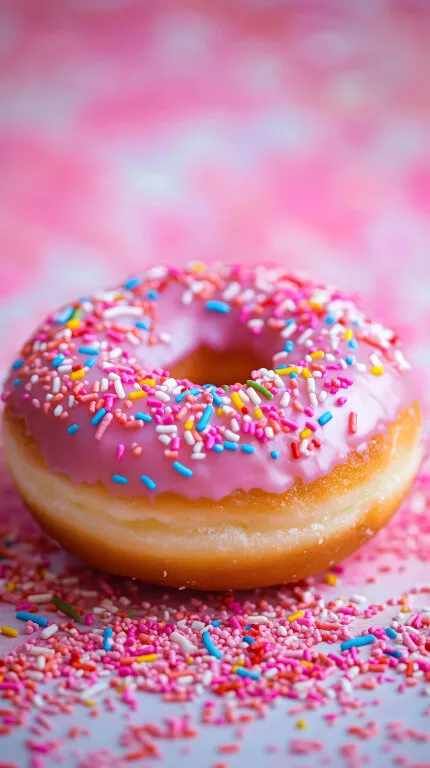 Genießerischer Donut mit rosa Glasur und bunten Streuseln