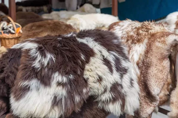 Genuin sheepskins of different colors and patterns