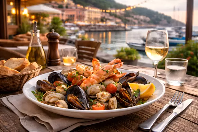 Genuss am Meer: Köstliches Meeresfrüchte-Gericht mit Blick auf Küstenstadt