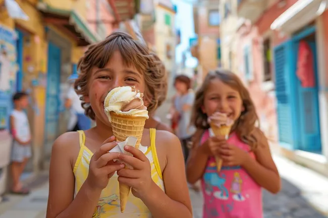 Genuss einer Eistüte in bunter Gasse
