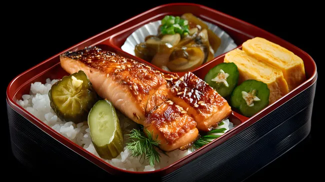 Genussvolle Bento-Box mit gegrilltem Lachs und Reis