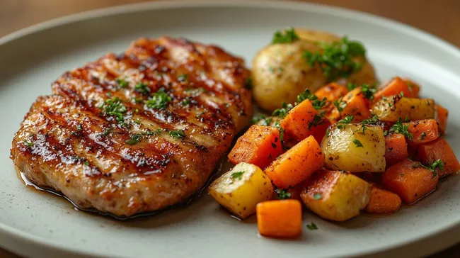 Genussvolle Fleischpfanne mit knusprigen Gemüsebeilagen