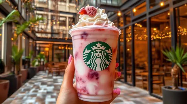 Genussvoller Erdbeer-Milchshake in Starbucks-Atmosphäre