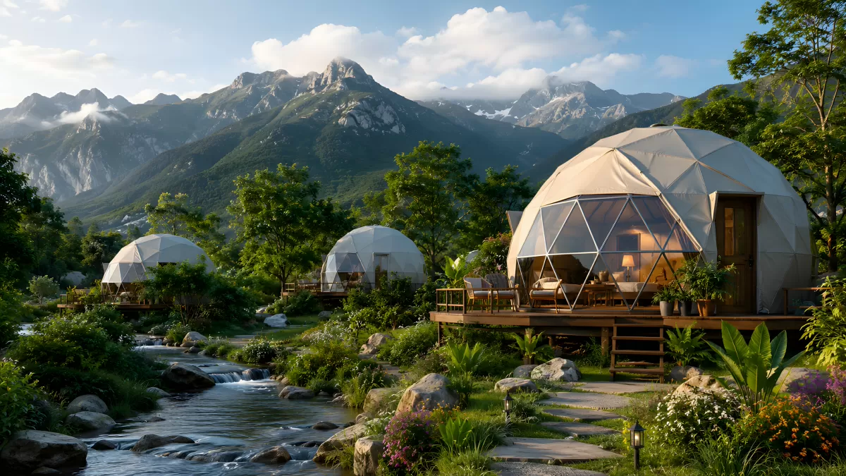 Geodätische Glamping-Kuppeln am Bergbach in Natur