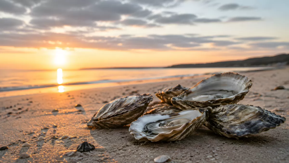 Geöffnete Austern am Sandstrand bei Sonnenuntergang