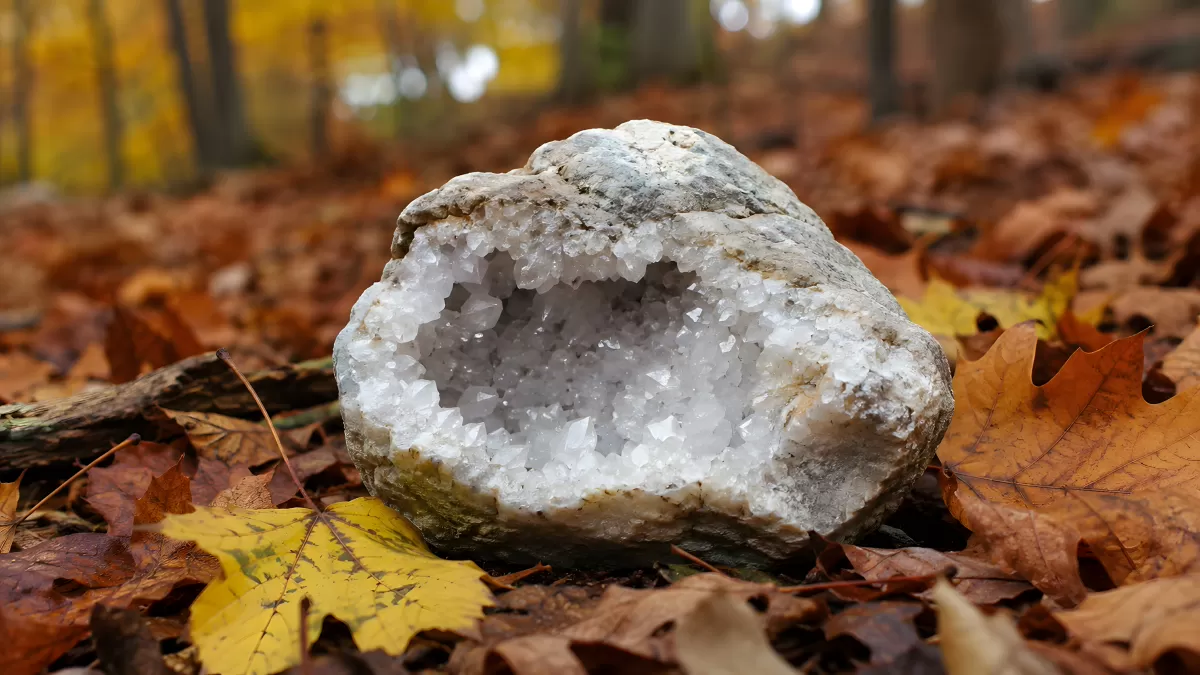 Geöffnete Geode mit Quarzkristallen im Herbstlaub