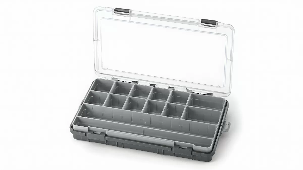 Geöffnete graue Sortierbox mit Trennfächern