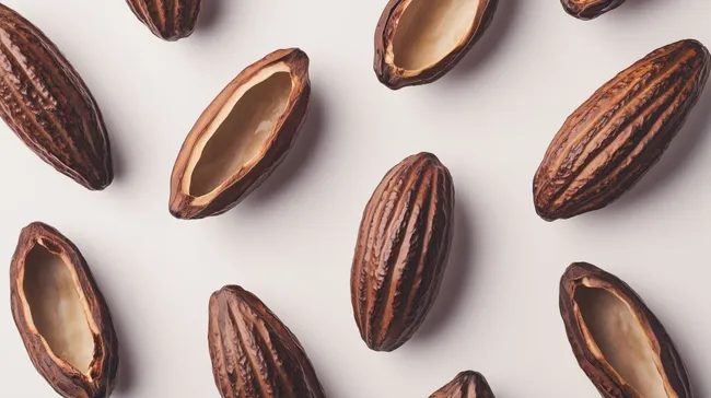 Geöffnete Kakaobohnen vor weißem Hintergrund