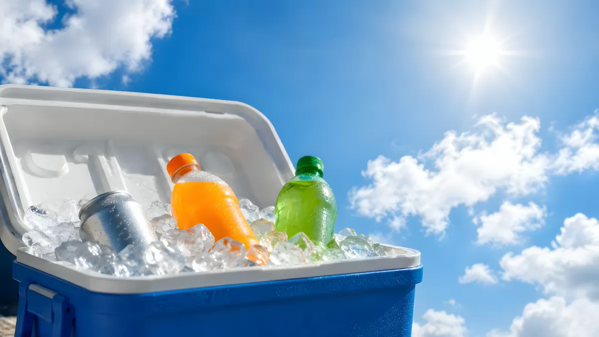 Geöffnete Kühlbox mit Getränken und Eiswürfeln im Sommer