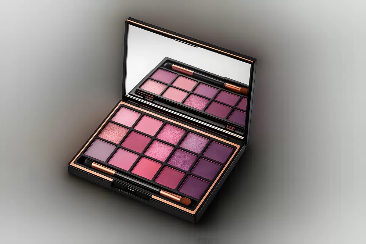 Geöffnete Lidschatten-Palette in Rosa und Lila