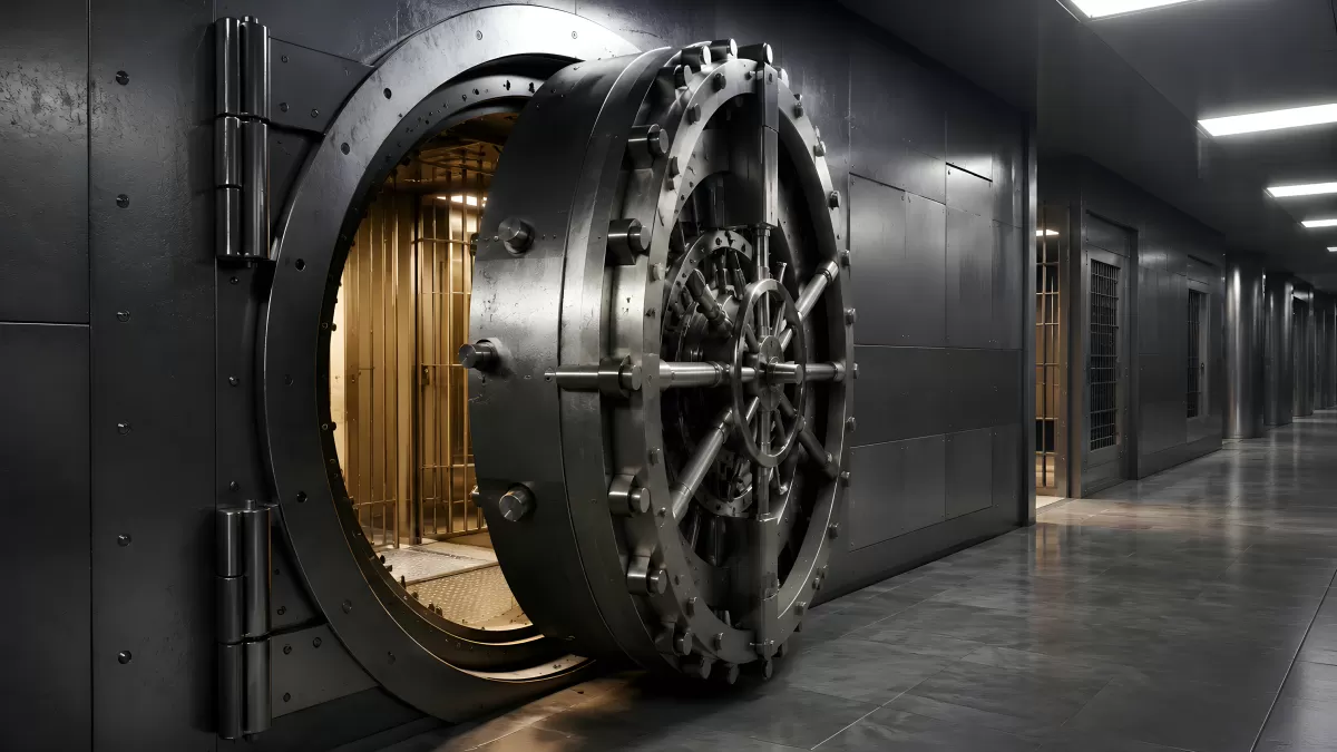 Geöffnete Stahltresor-Tür in modernem Bankgewölbe