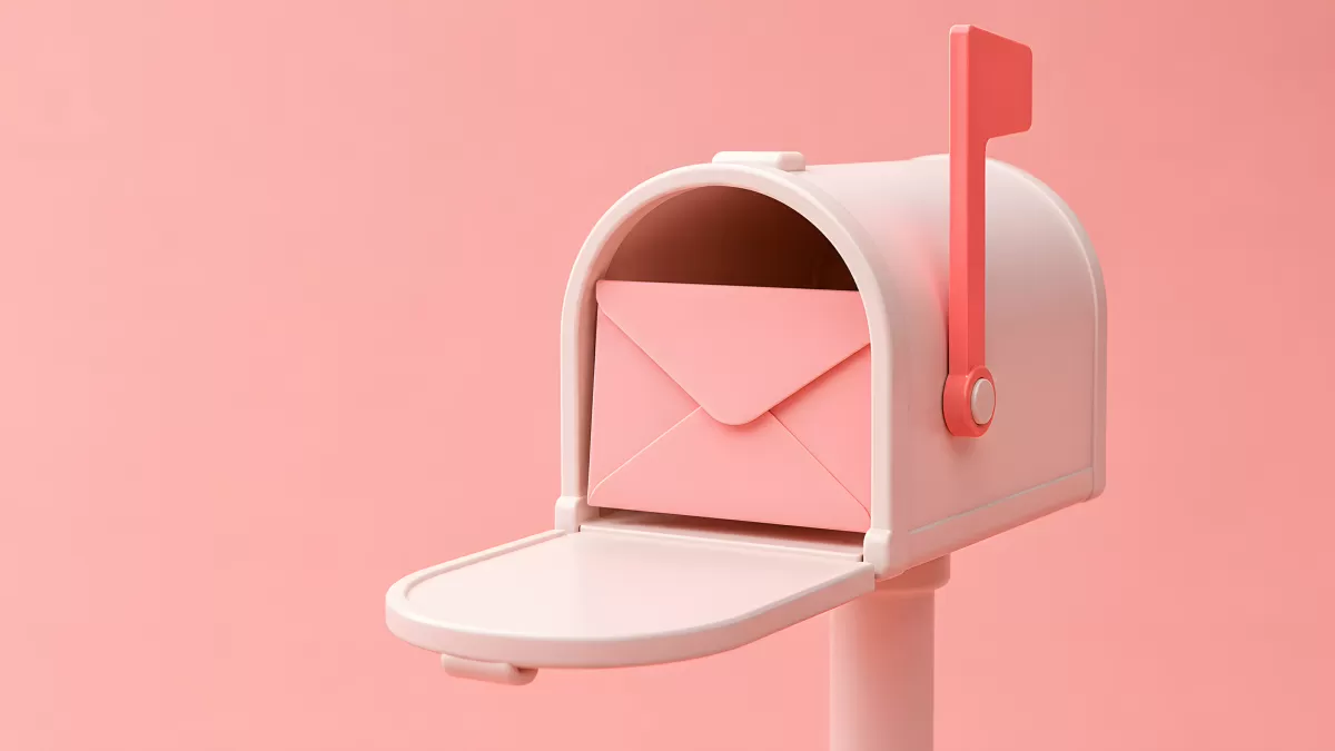 Geöffneter Briefkasten mit rosa Umschlag vor Pastellhintergrund
