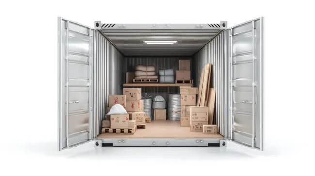 Geöffneter Frachtcontainer voller Versandkartons und Waren