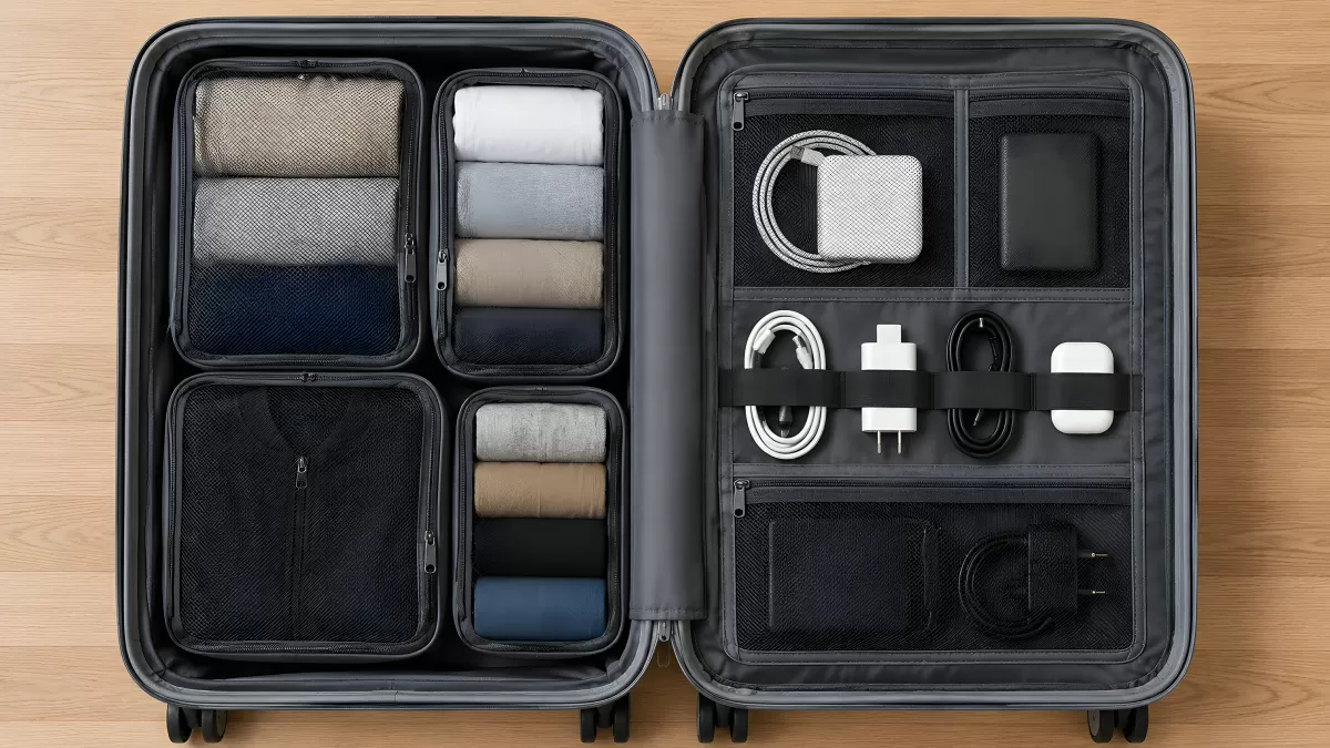 Geöffneter Koffer mit Packwürfeln und Technikzubehör