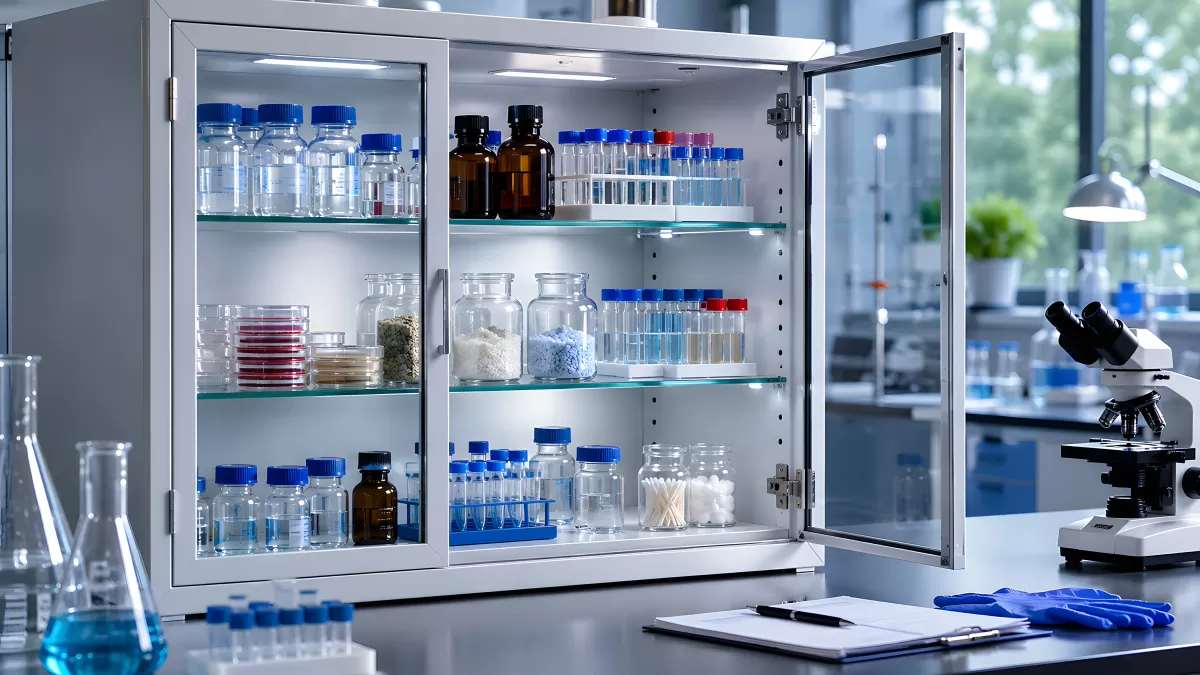 Geöffneter Laborschrank mit Reagenzgläsern und Chemikalien
