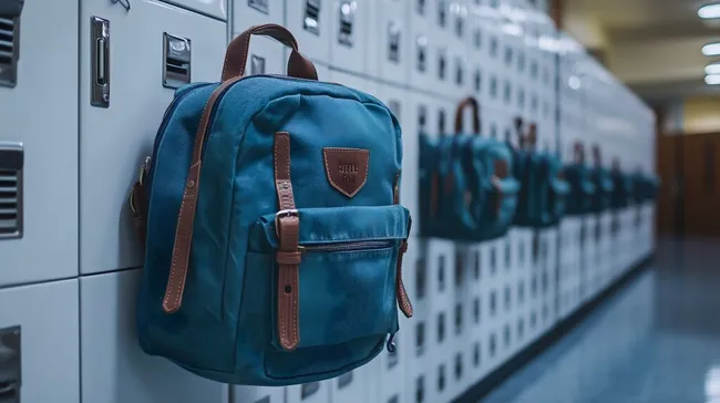 Geöffneter Schulrucksack an Spinden im Flur