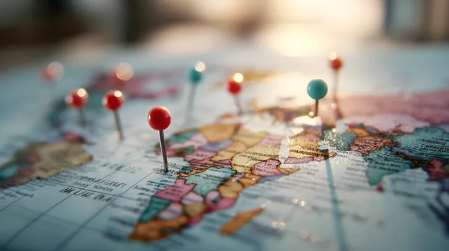 Geografische Karte mit Stecknadeln für Reiseplanung und Urlaubsvorbereitung